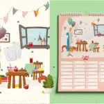 Kalenderblatt Juni mit Schneider-Szene, Schaufensterpuppe, Stoffen und Schlossblick.