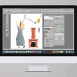 Computerbildschirm mit Illustrator-Datei, die Aschenputtel vor einem Kamin zeigt.