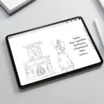 iPad mit digitaler Skizze von Aschenputtel vor einem Kamin und handschriftlichen Notizen.